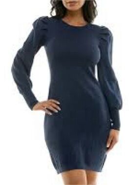 Maison Tara - Navy Puff-Sleeve Long-Sleeve Knit Dress NWOT